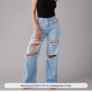 AE Dreamy Drape Stretch Curvy Super High-Waisted Ripped Baggy Wide-Leg Jean